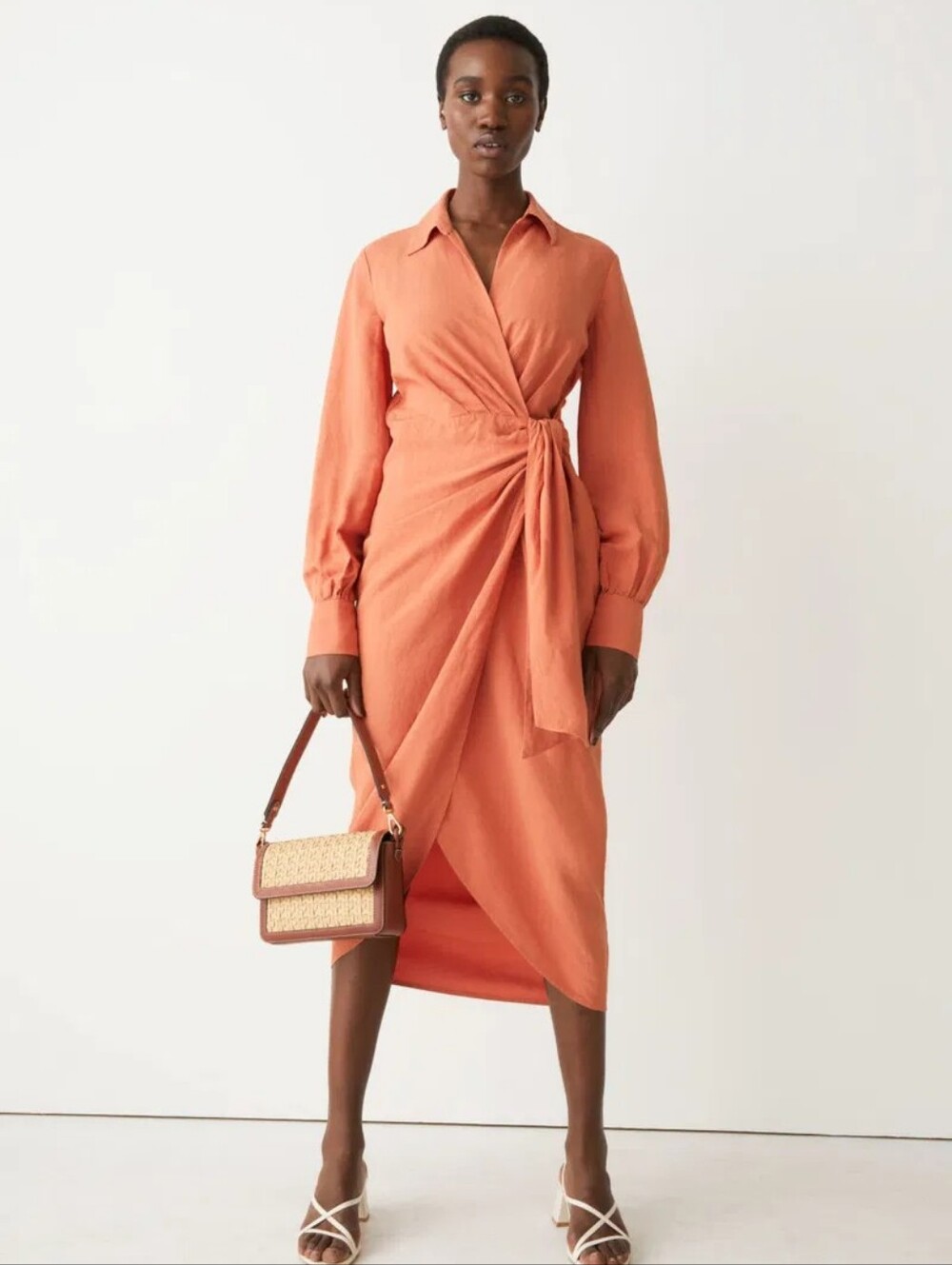 & OTHER STORIES Rust Orange Linen Cocktail FemininCollared Wrap Midi Dress Sz 40
